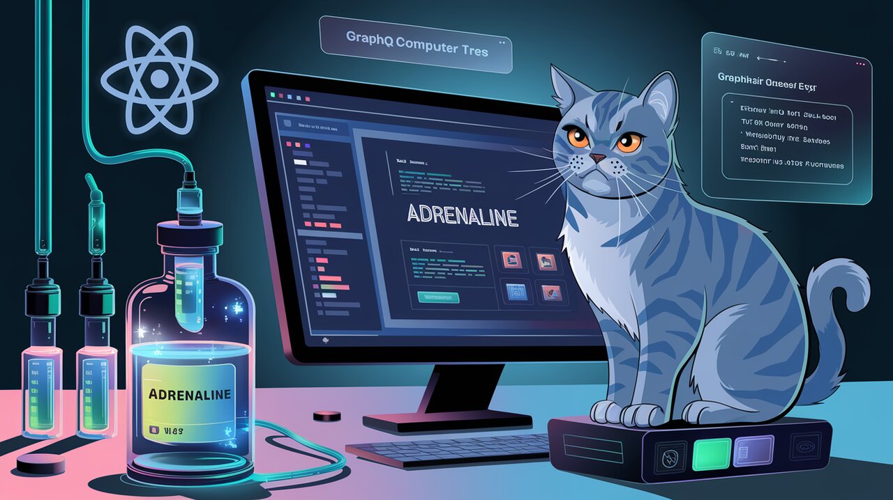 Futuristic lab setup with Adrenaline vials connected to React components