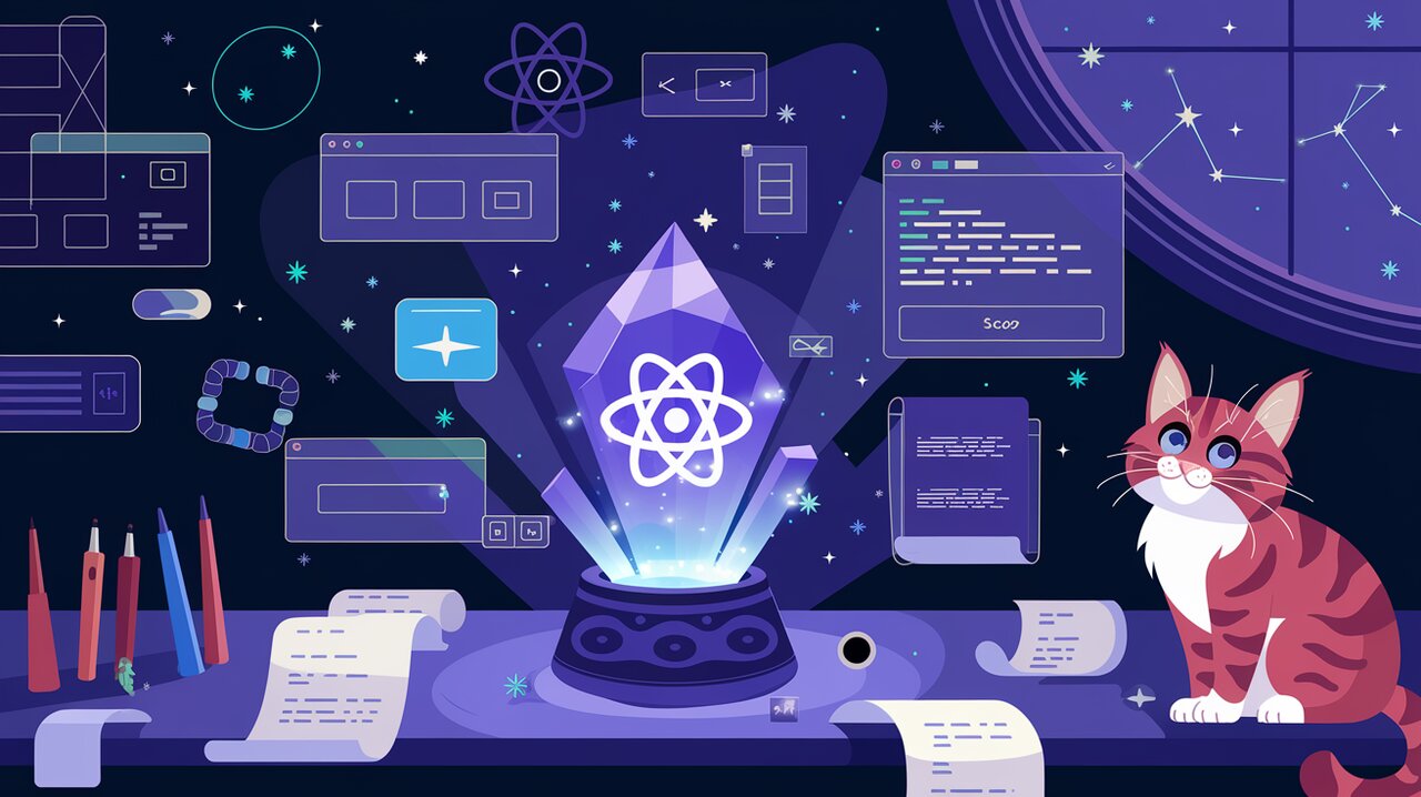 Magical UI component workshop with floating elements and a React logo crystal ball