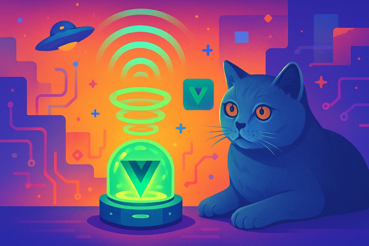 A glowing reactive dependency graph on a developer's desk with a gray-blue British shorthair cat resting nearby.