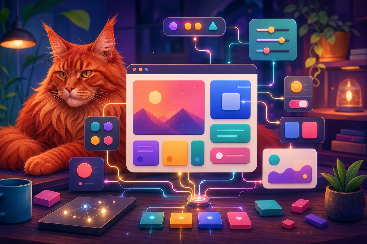 A glowing monitor showing reactive code with a relaxed red maine coon cat resting nearby.