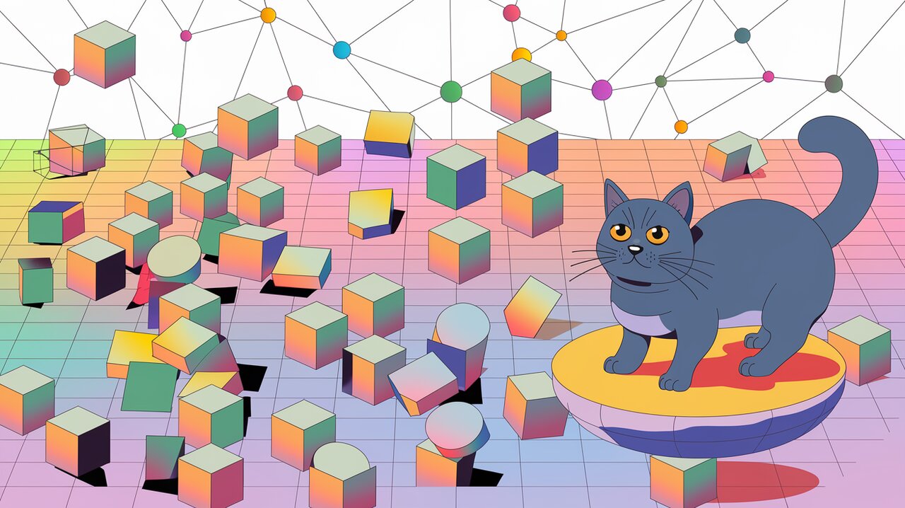 Dynamic responsive grid layout with floating cubes and observing cat