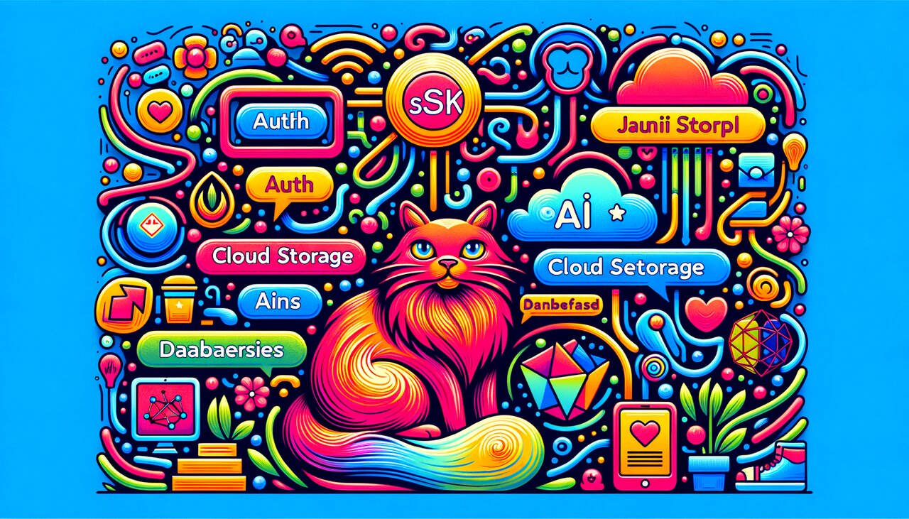 A laptop in the clouds projecting holographic panels for storage, AI, and auth, with a red cat on the desk