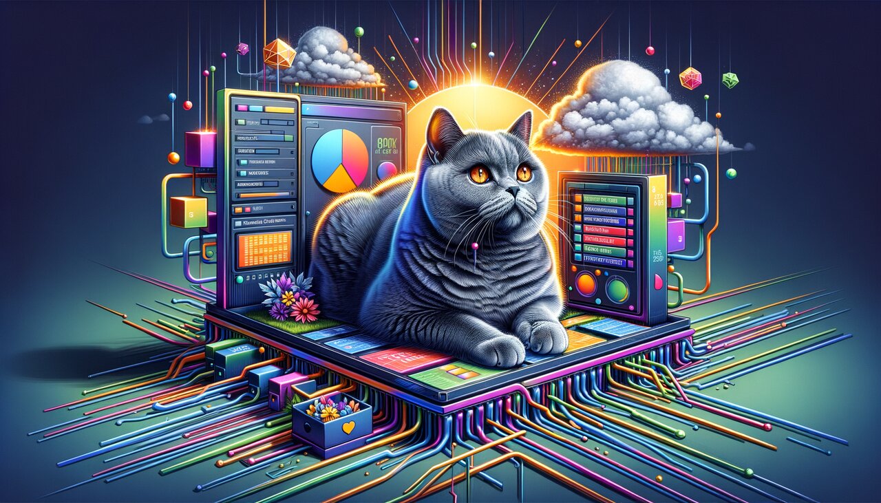 Server room with a holographic data table and a cat on a server rack
