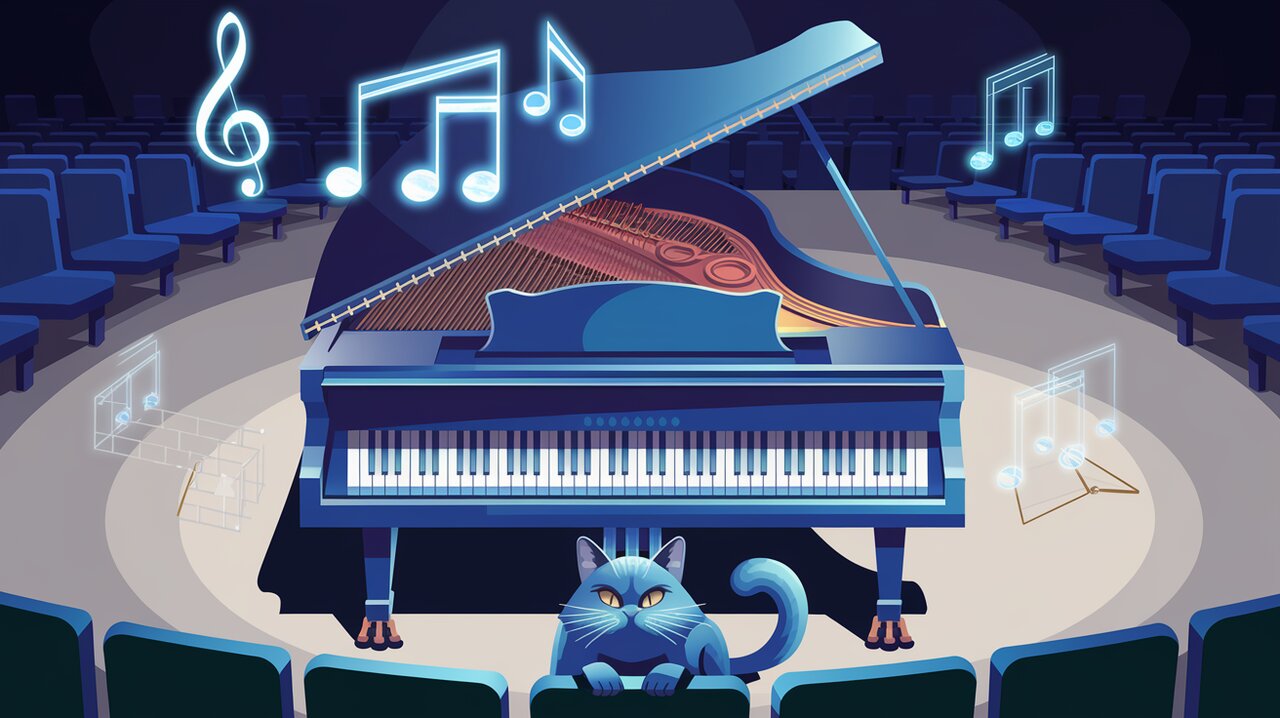 Concert hall with a high-tech piano representing Blue-Chip's state management, observed by a British shorthair cat