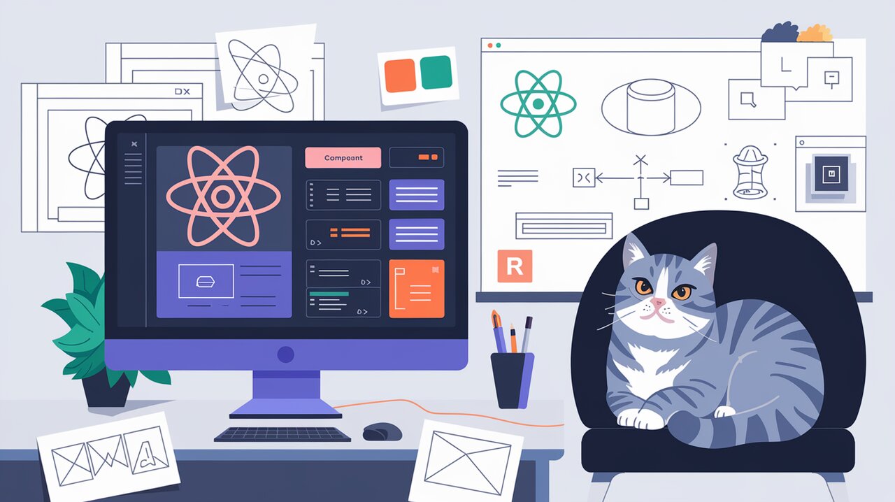 React-Bootstrap component library displayed on a computer screen with development sketches and a cat nearby