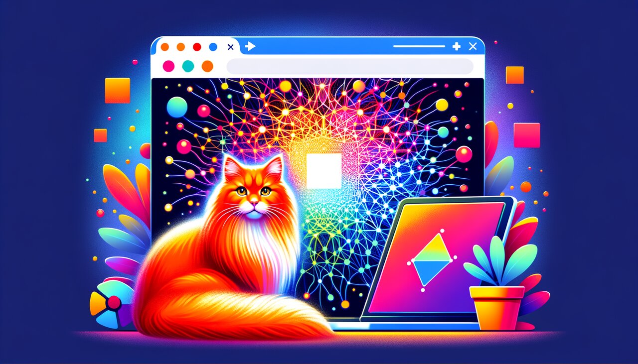 Browser window with neural network visualizations and a maine coon cat on ML textbooks