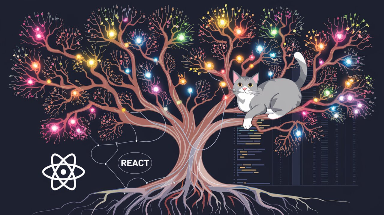 Tree visualization with glowing nodes, React logo, and a gray cat observing