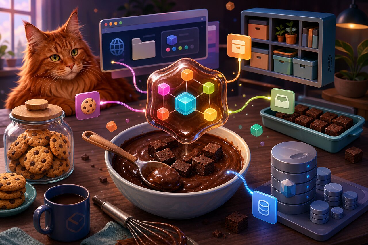 Plate of brownies beside a laptop with code, with labeled storage jars and a red Maine Coon cat nearby.