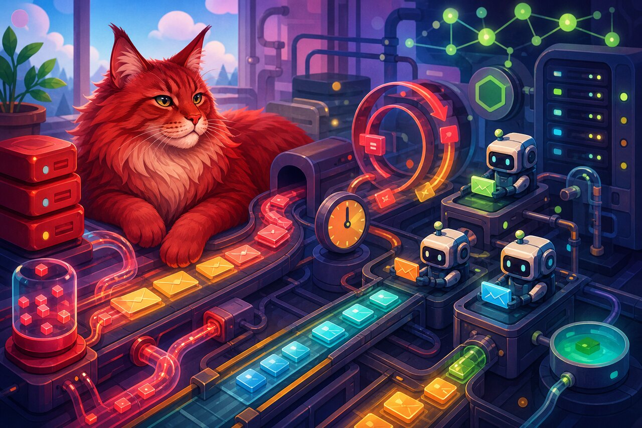 A conveyor belt of glowing job parcels feeding worker robots, with a large red Maine Coon cat resting nearby.