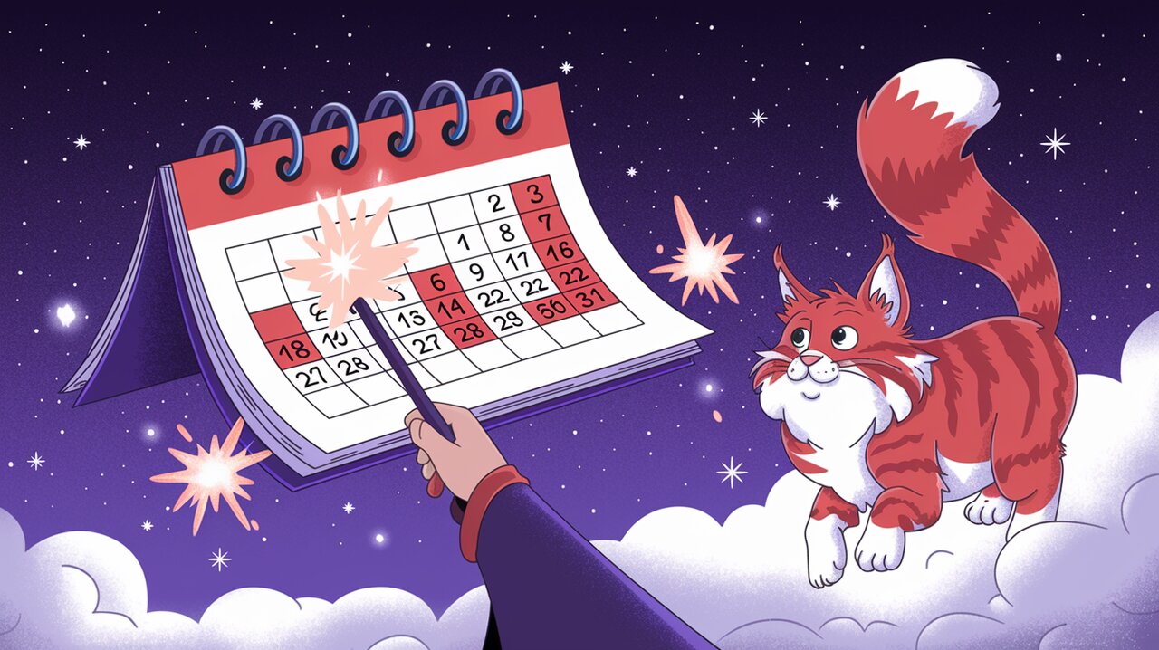 Magical floating calendar with glowing date cells and a wizard's hand