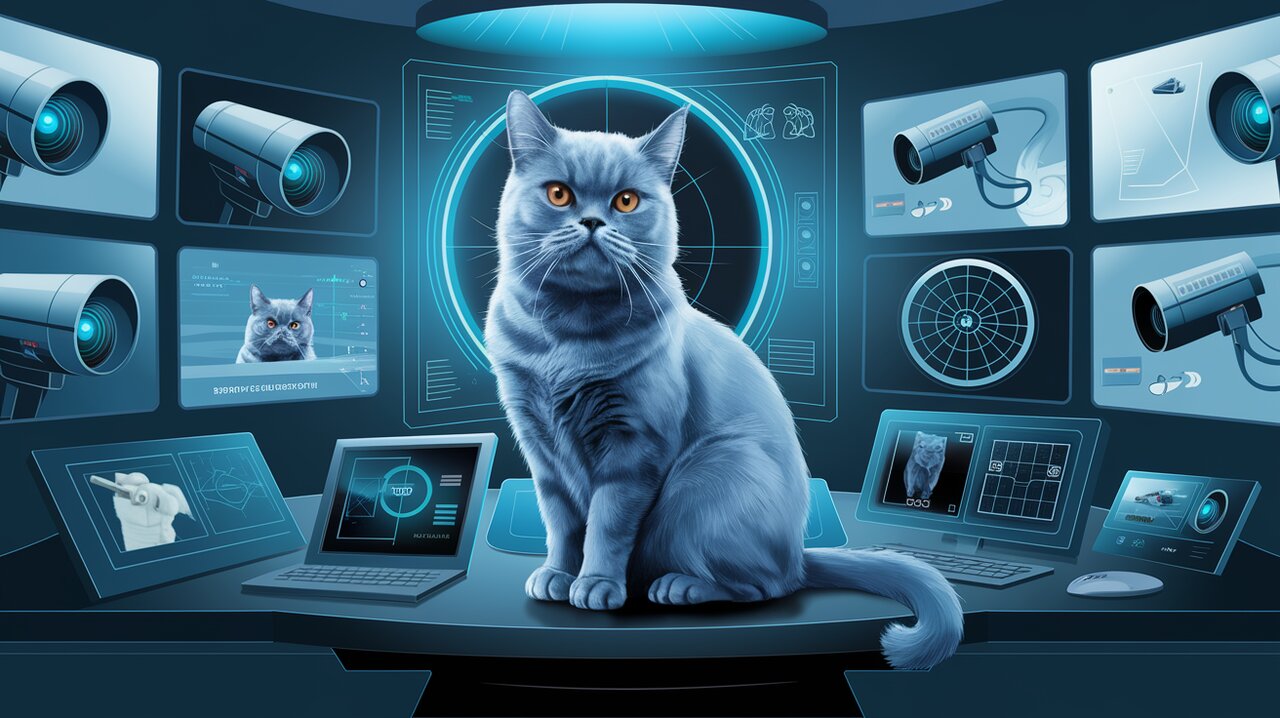 Futuristic control room with camera feeds and a cat supervisor