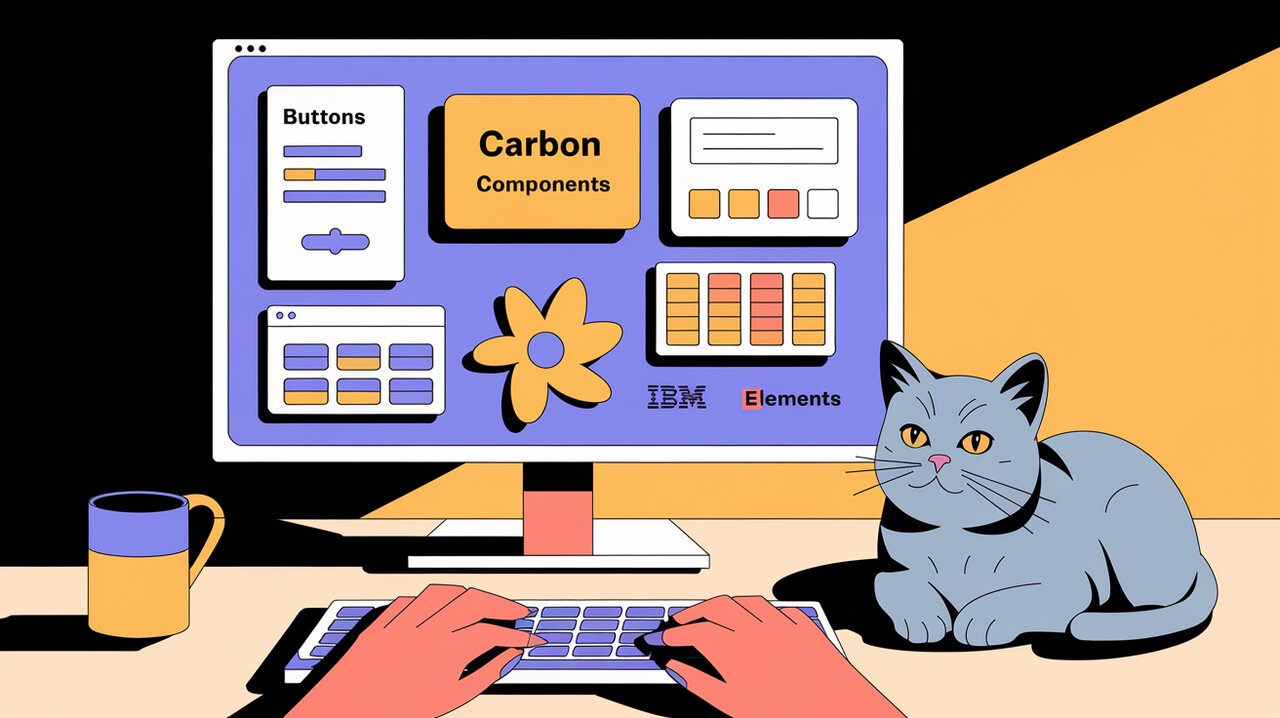 Carbon Components React UI elements on a monitor with a cat watching