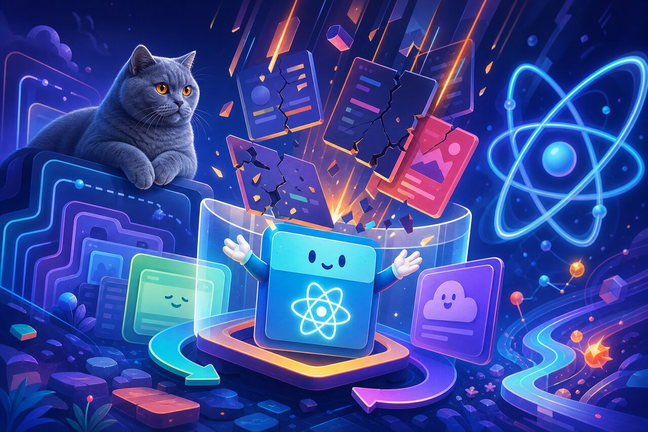 A glowing UI component caught by a net of light on a developer's monitor, with a gray-blue cat watching from a shelf.