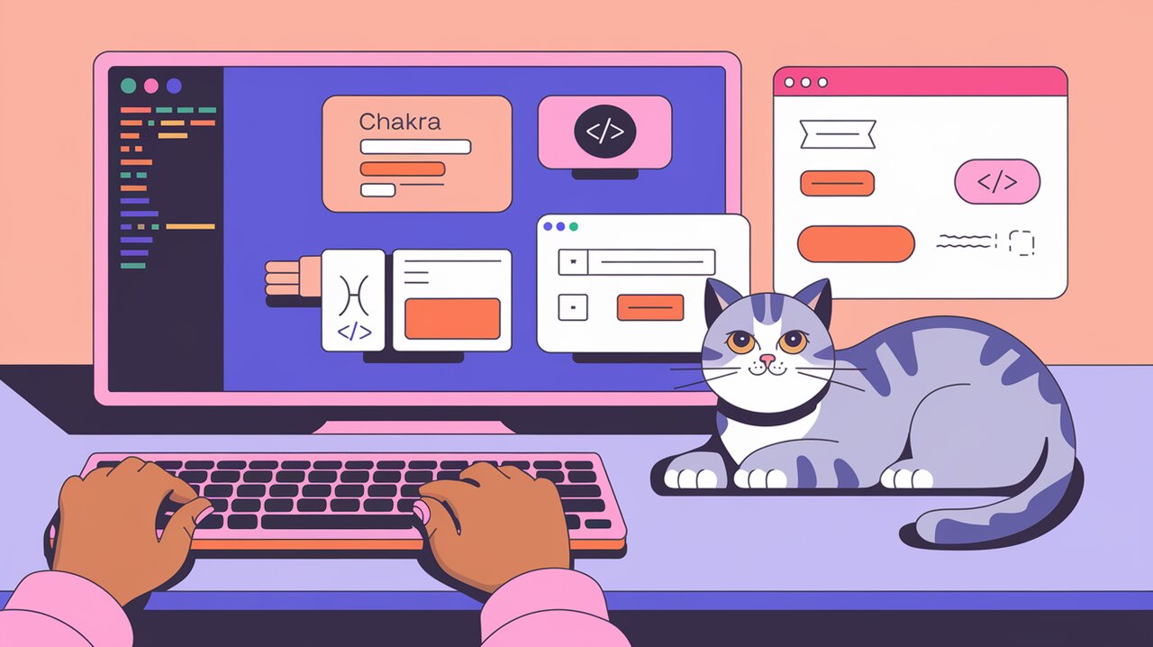 Chakra UI components displayed on a screen with a developer coding and a cat watching