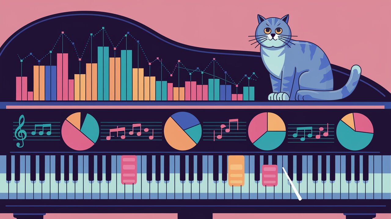 Colorful charts arranged as musical instruments on a piano keyboard