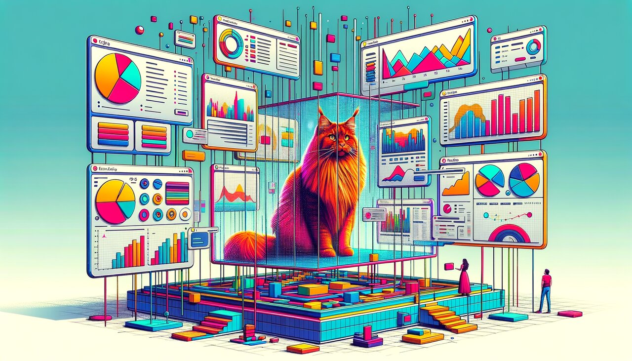 Analytics dashboard with colorful D3-powered charts on a curved monitor
