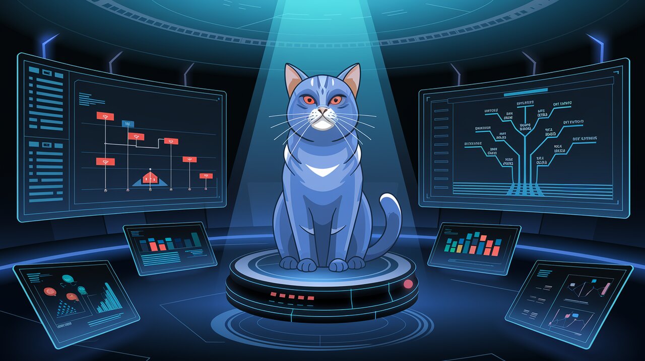 Futuristic control room with Redux state visualizations and a cat overseer