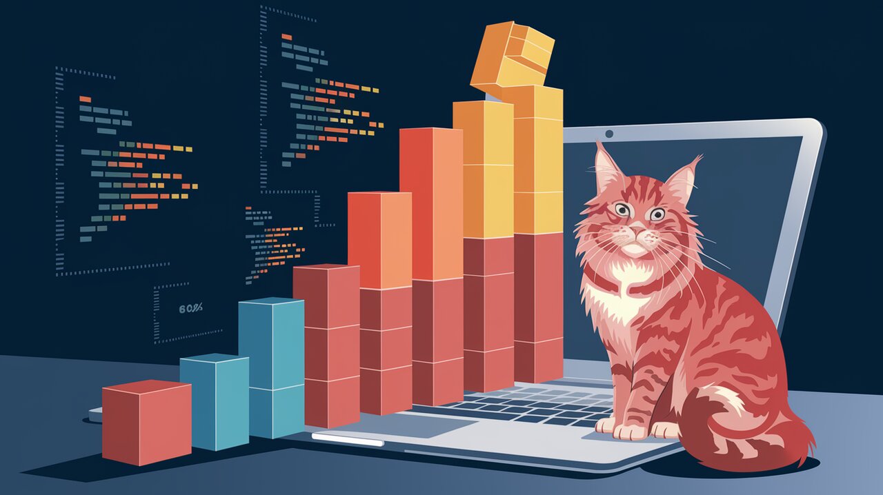 CSS-powered chart rising from a laptop with floating code and a maine coon cat