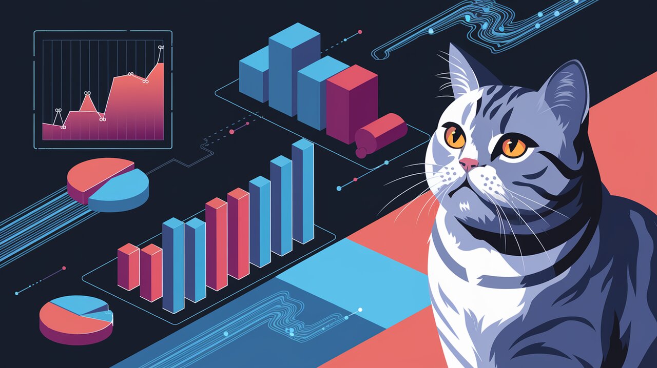 Colorful charts floating in a digital space with a cat observing