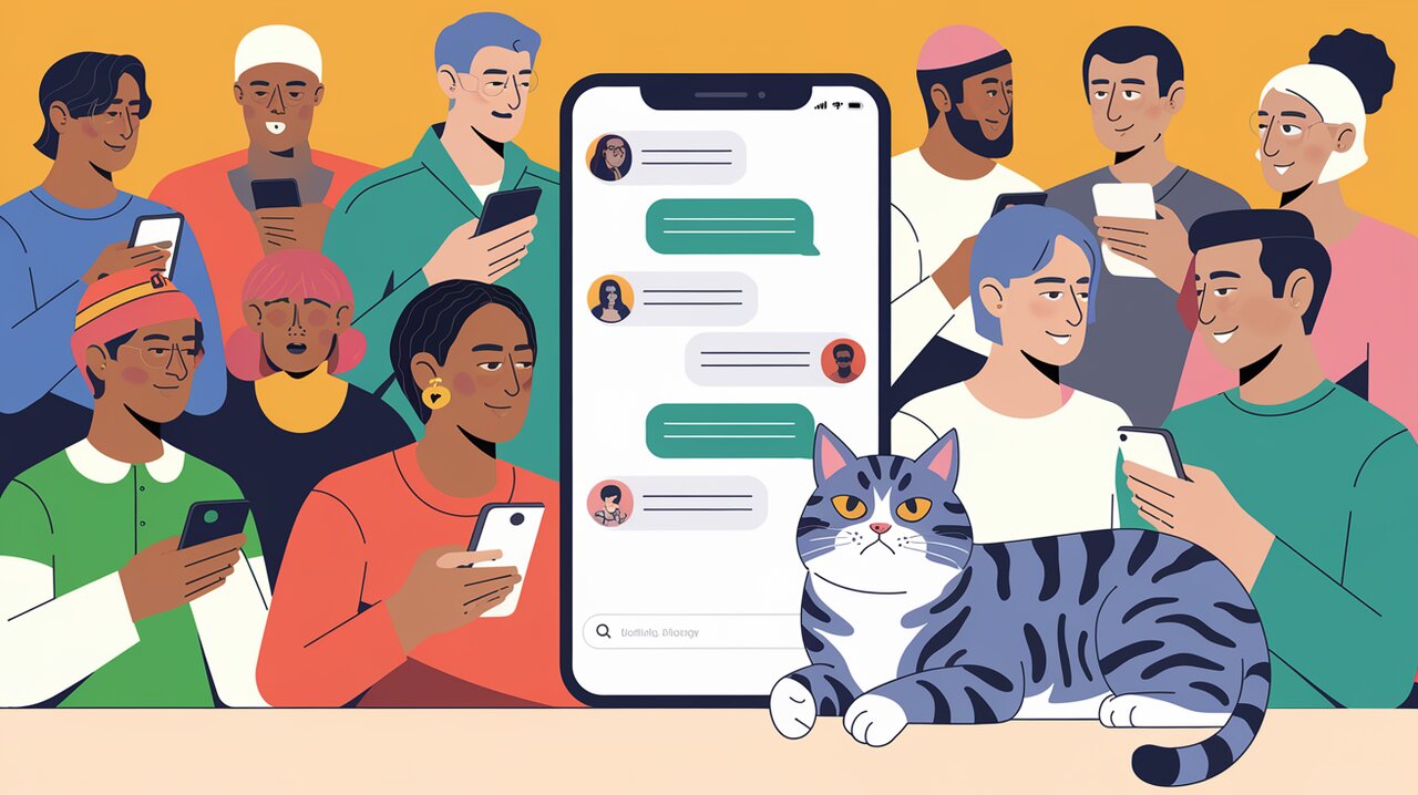 Illustration of users chatting in a modern app interface with a cat in the background.