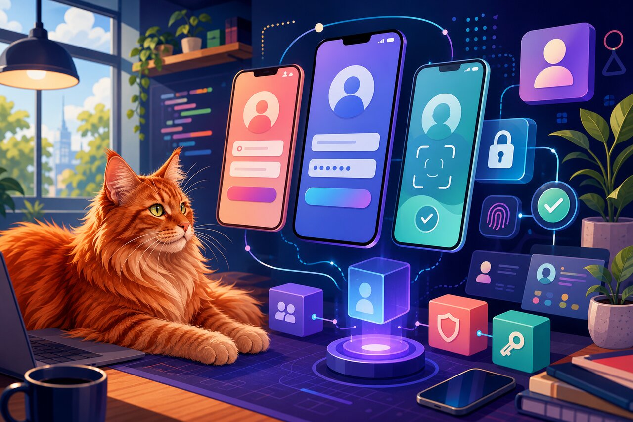 A native mobile sign-in screen on a phone beside a relaxed red Maine Coon cat on a sunlit desk.