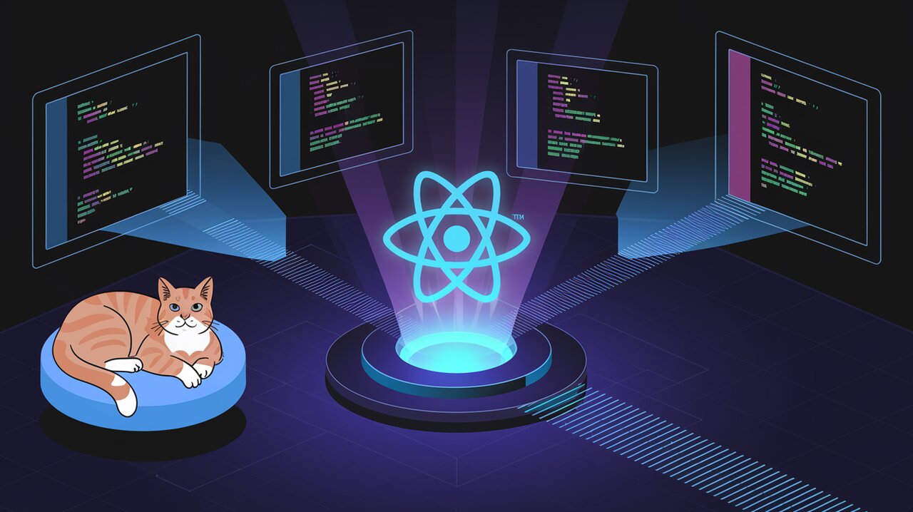 Futuristic coding space with holographic screens showing colorful syntax-highlighted code, centered around a glowing React logo