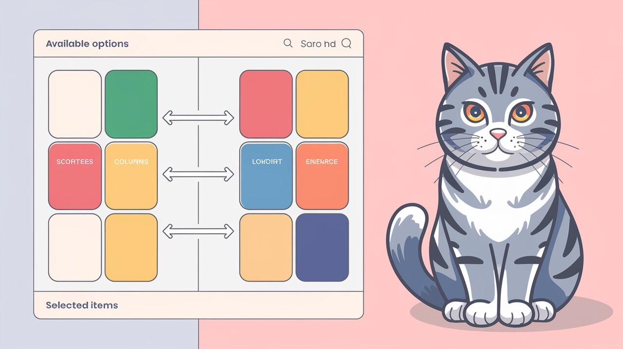 Dual-column select interface with search and action buttons, observed by a British shorthair cat