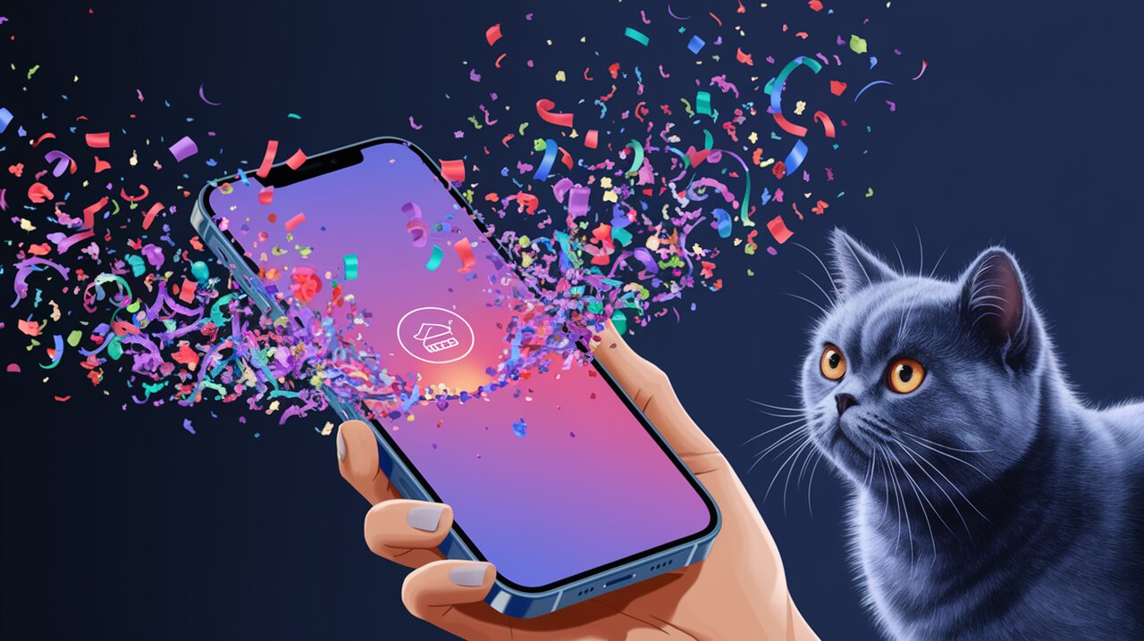 React Native app screen with colorful confetti animation