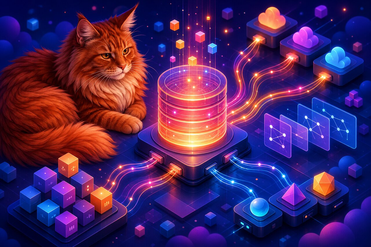 Illustration of data streaming live from a database into UI panels, with a large red Maine Coon cat watching from a sunny windowsill.