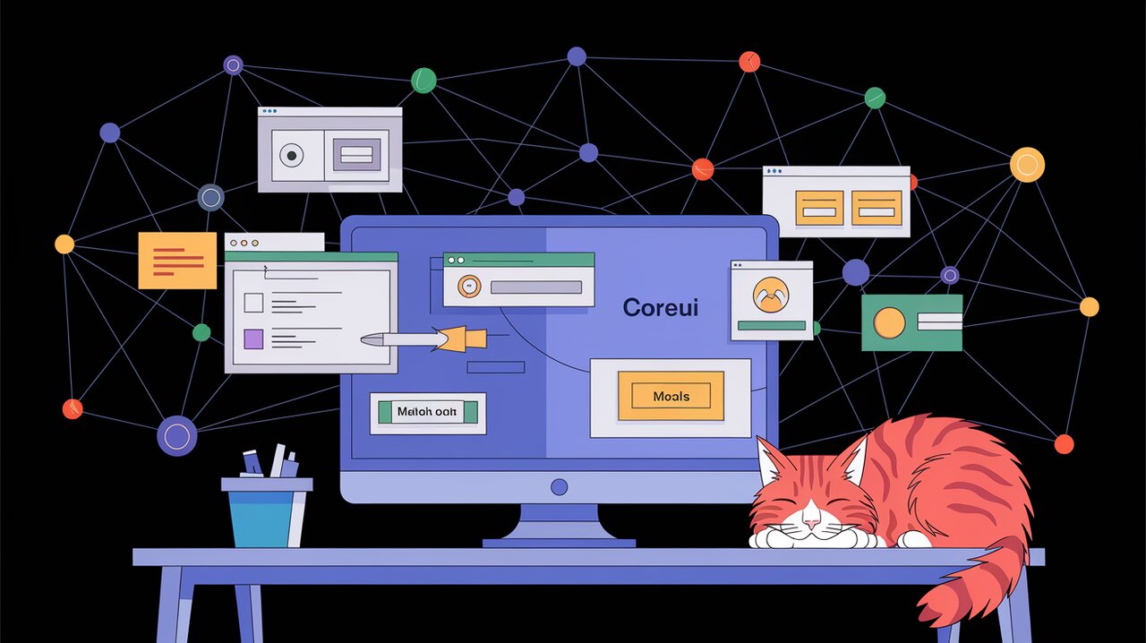 CoreUI React components displayed on a computer screen with floating UI elements