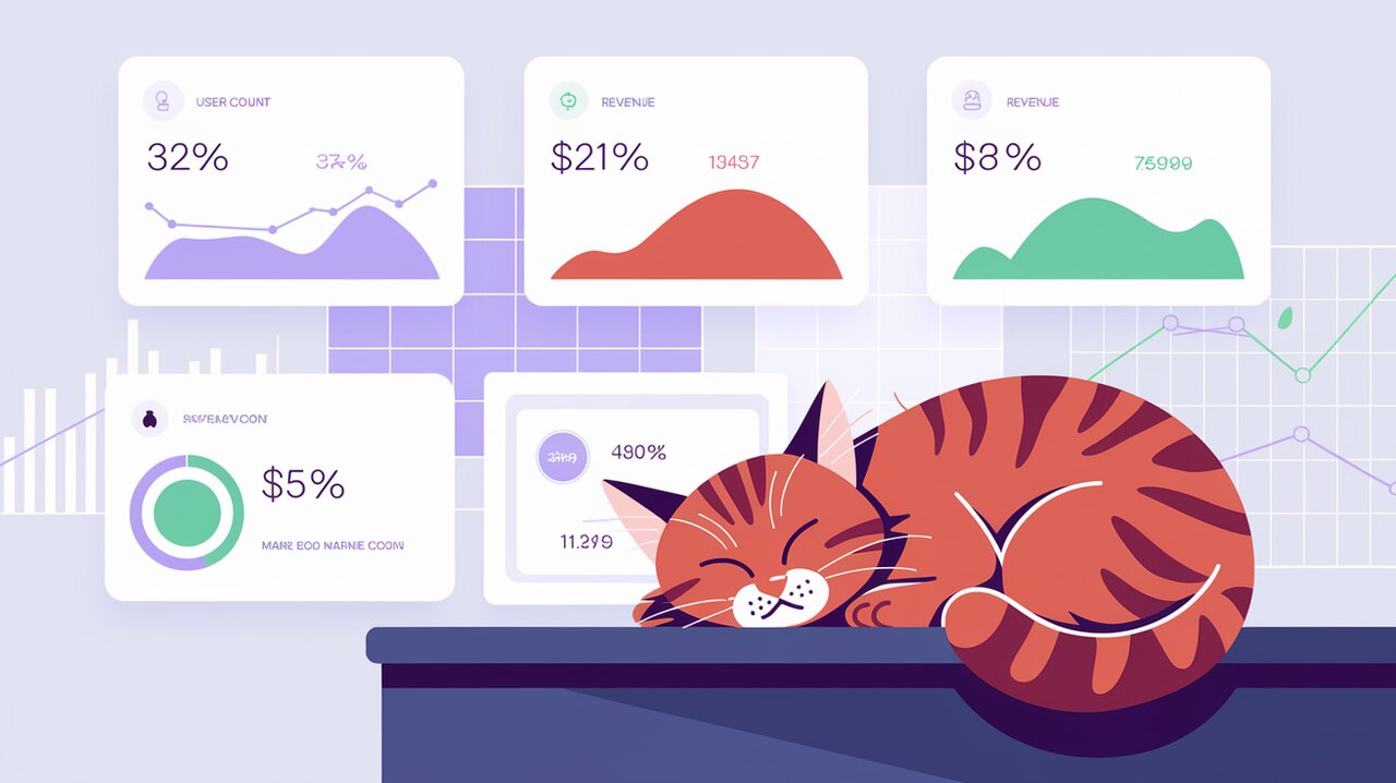 Dashboard with animated counters and sleeping cat