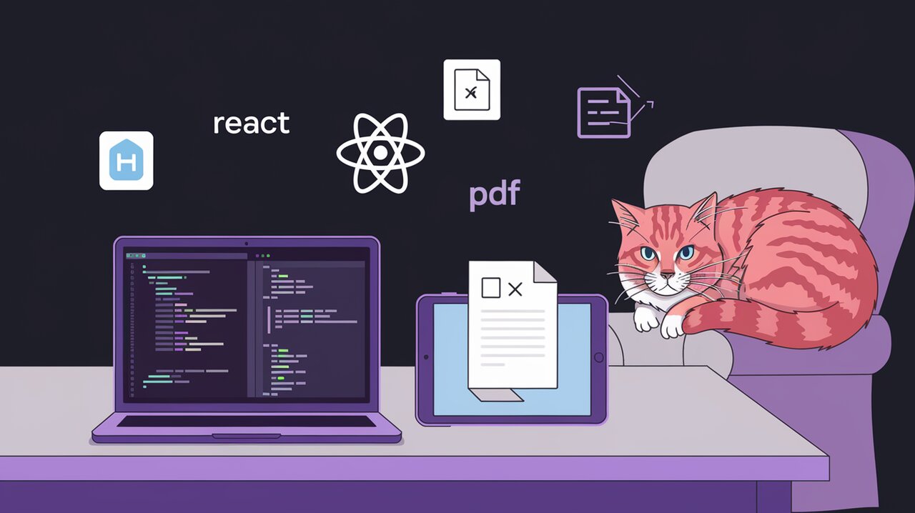 React PDF generation workspace with devices and floating icons