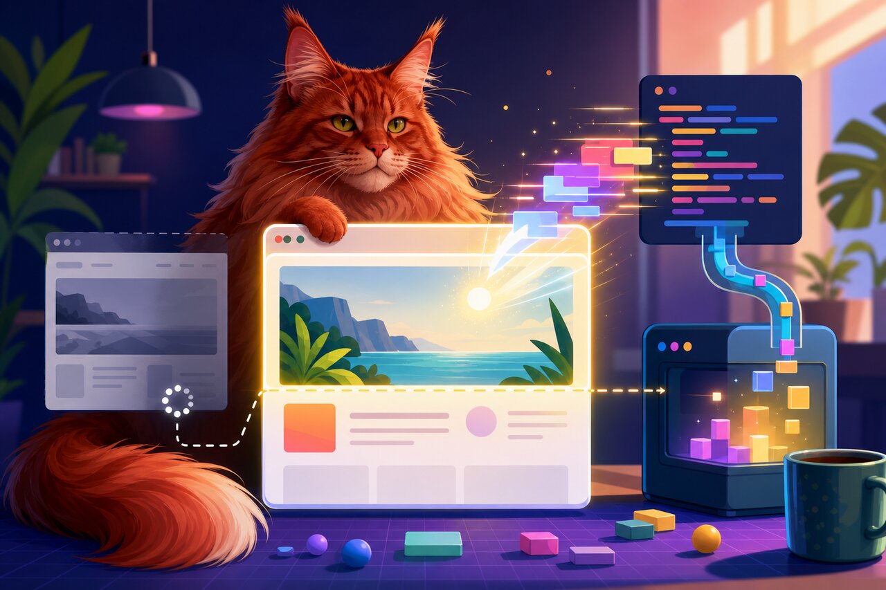 A printing press stamping the top of a web page while a red Maine Coon cat watches from a shelf.