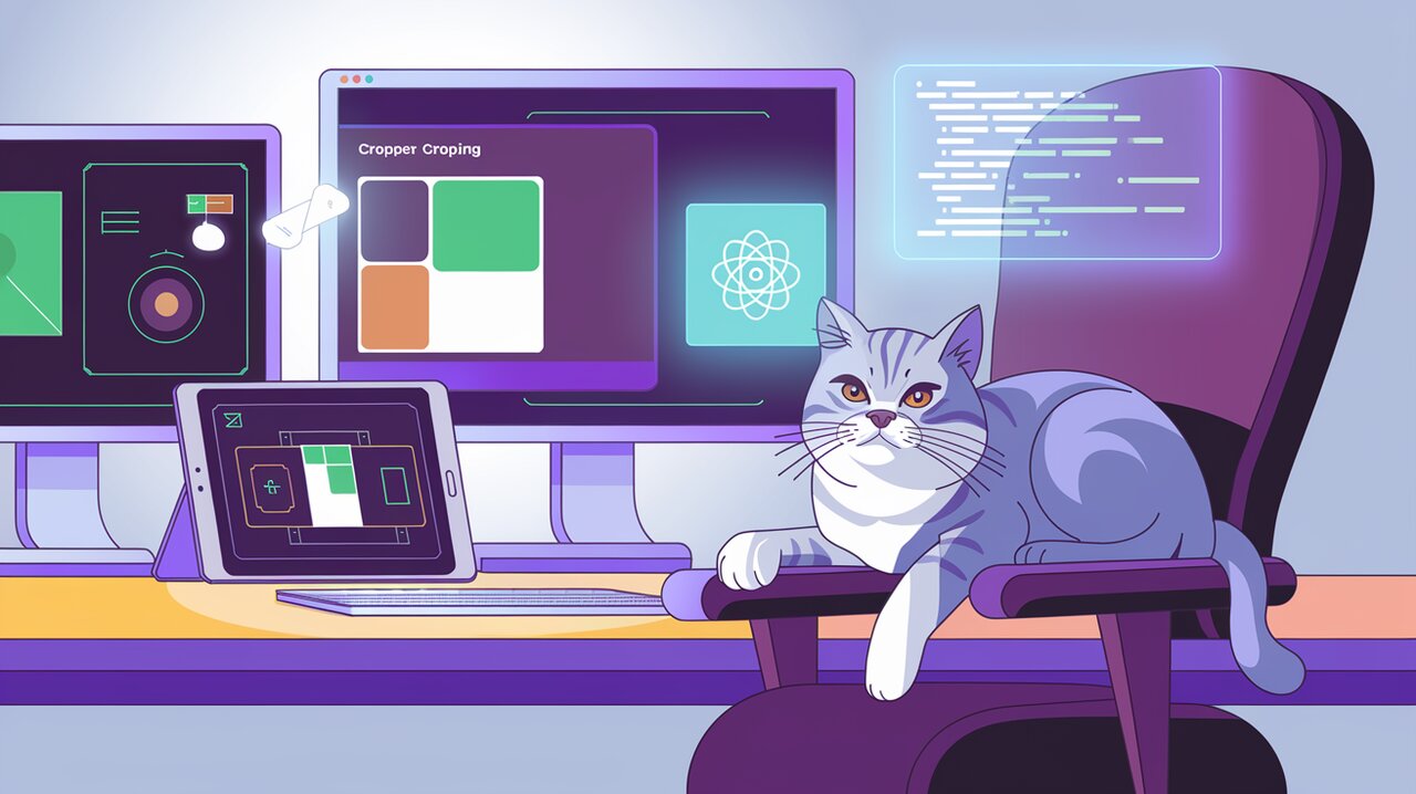 React Advanced Cropper interfaces on multiple screens with a cat observing