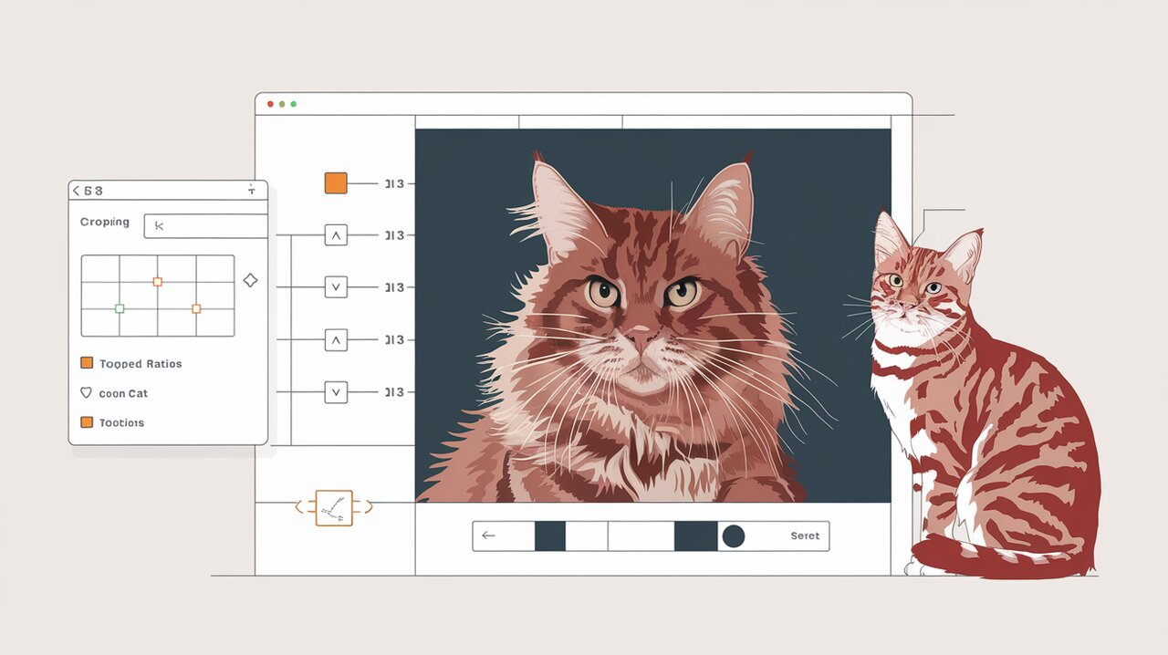 React Cropper interface with image being cropped and a cat observing