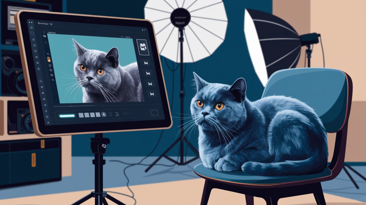 Image cropping interface in a photo studio with cat