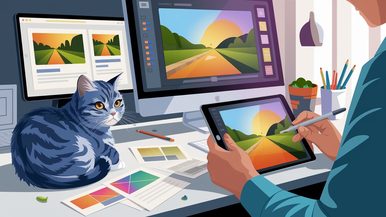 Web design studio with image cropping interfaces and a British shorthair cat