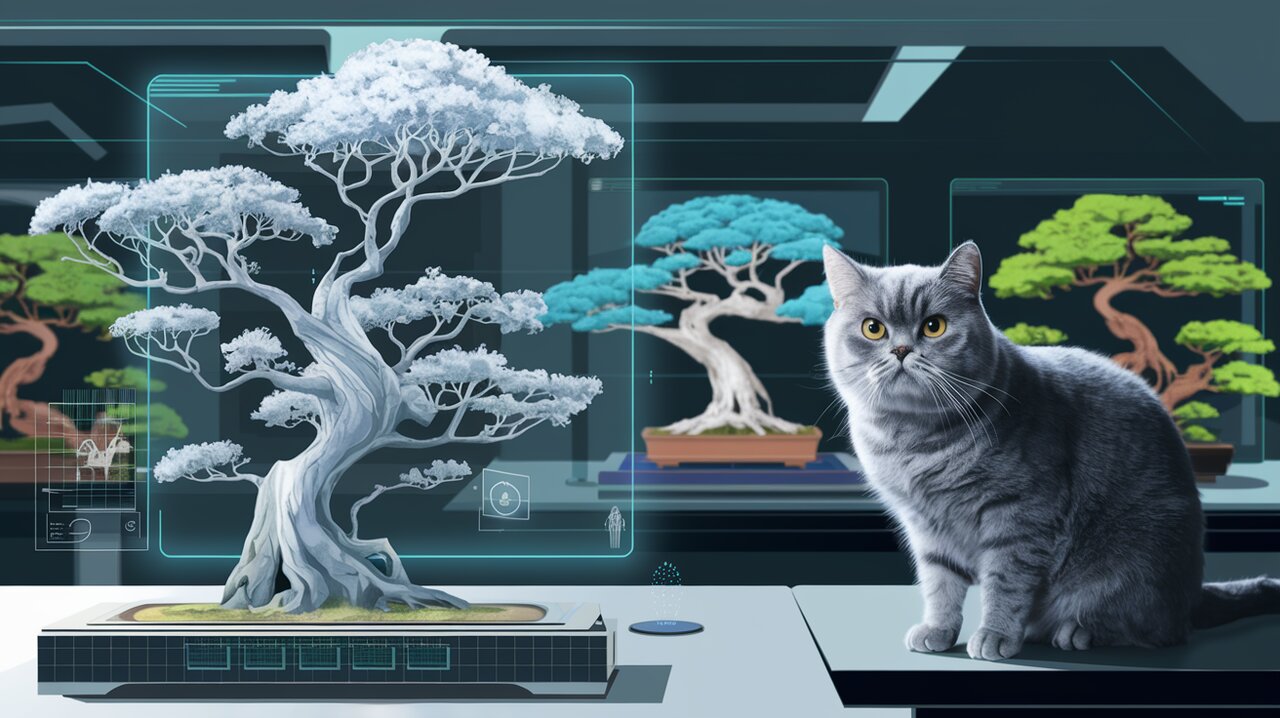 Futuristic lab with holographic tree structures and a British shorthair cat