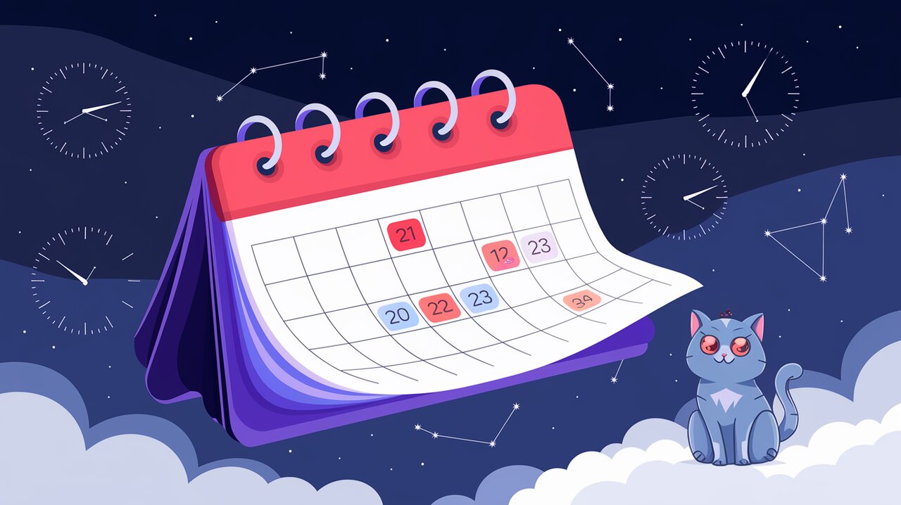 Magical floating calendar with glowing dates and spinning clock faces in a starry sky