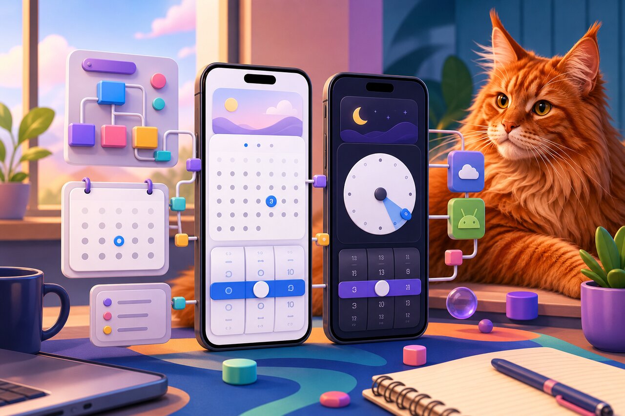 A phone showing a native date picker on a developer's desk with a large red Maine Coon cat resting nearby.