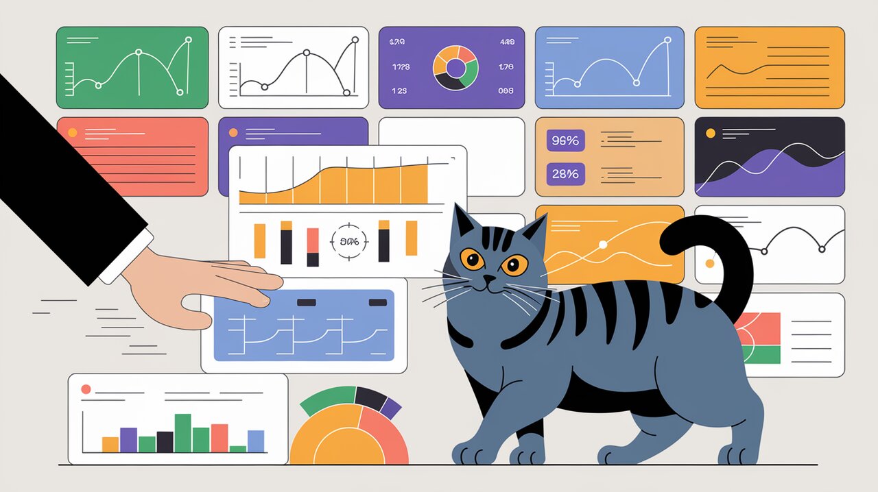 Interactive dashboard with draggable widgets and a watchful cat