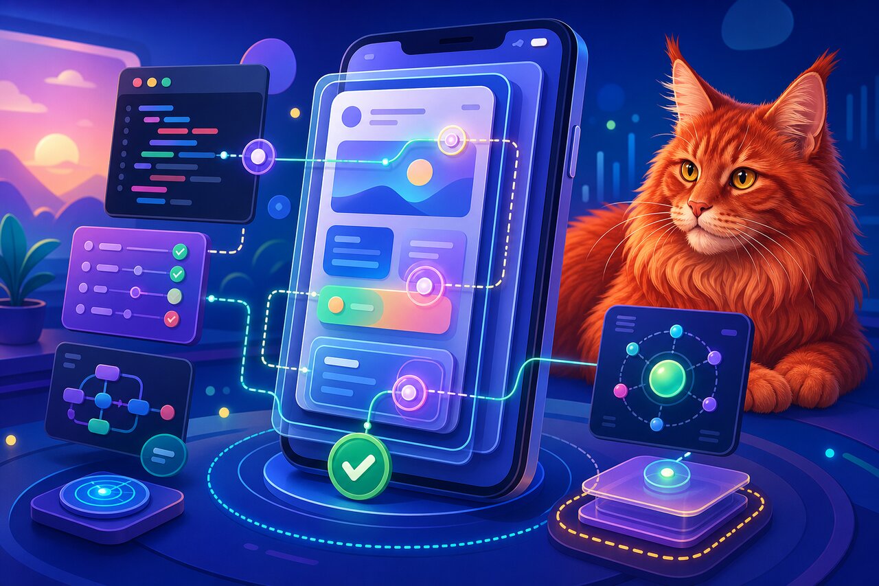 A mobile dev desk with iOS and Android phones running tests, a red Maine Coon cat resting nearby