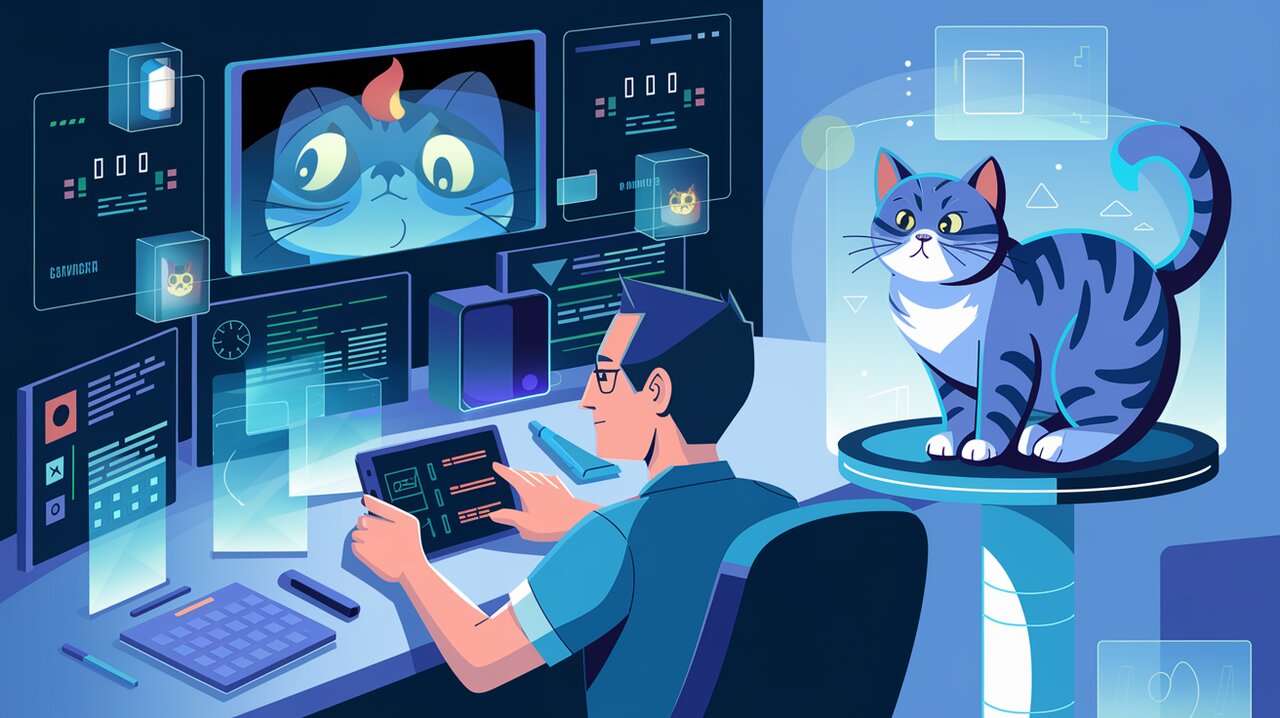 Futuristic device detection control room with developer and cat