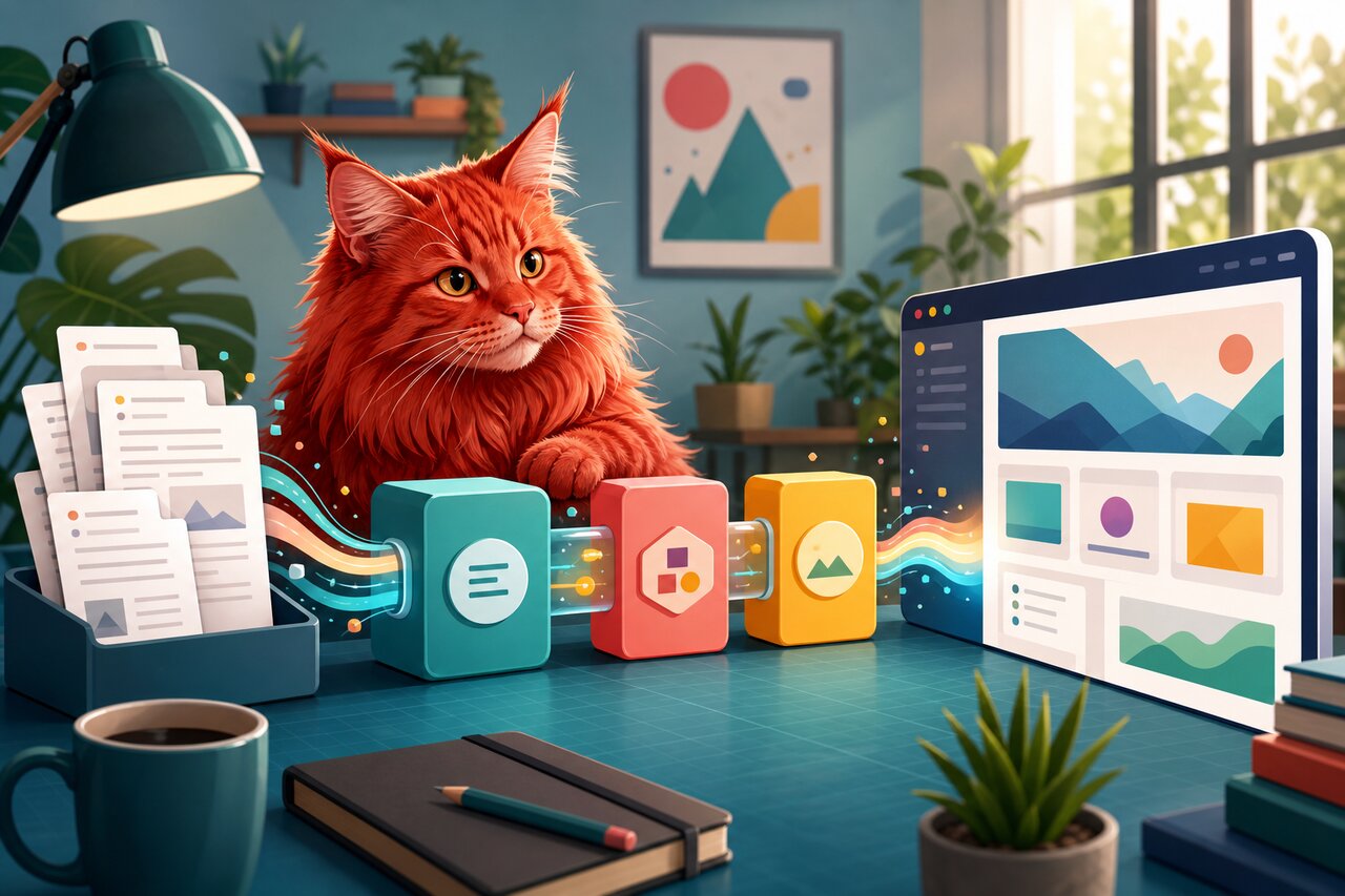 A documentation website on a laptop with Markdown pages transforming into a finished site, a large red Maine Coon cat resting nearby.