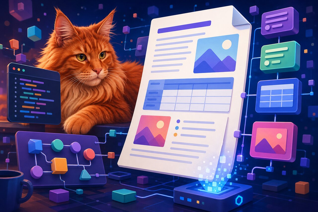 A printed Word document emerging from a printer on a desk, with a large red Maine Coon cat resting nearby.