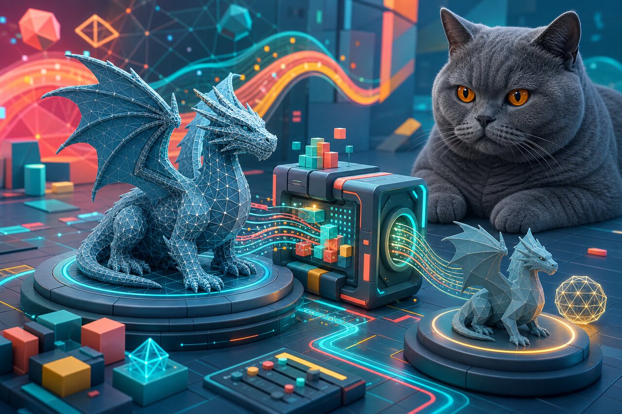 A 3D modeling workstation compressing a dragon mesh, with a gray-blue cat watching from the windowsill