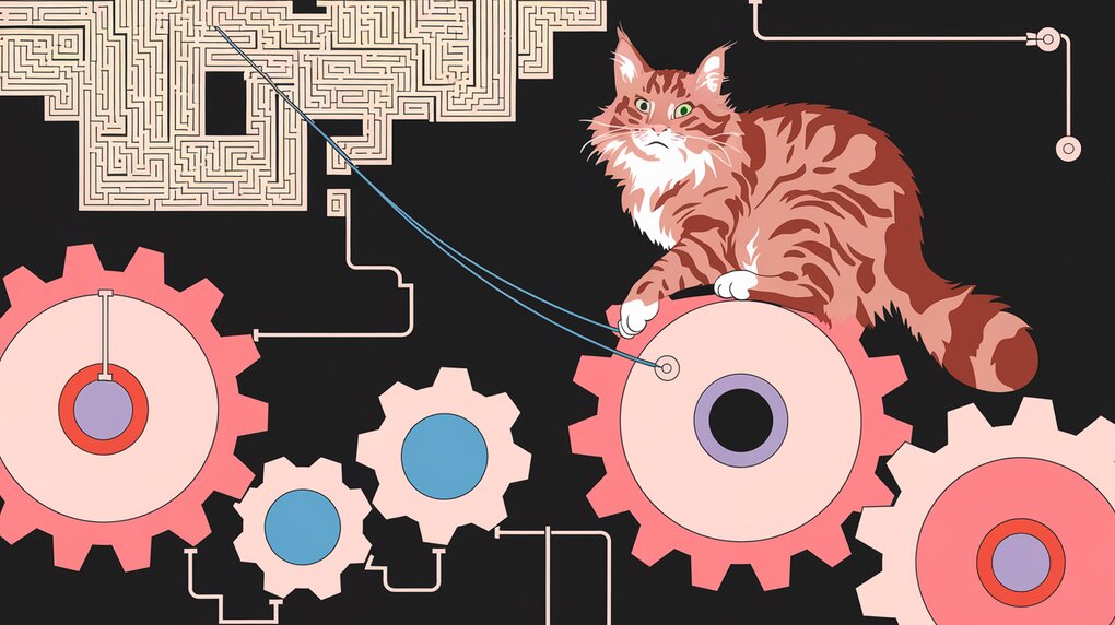 Abstract illustration of Easy Peasy state management system with gears and a playful cat