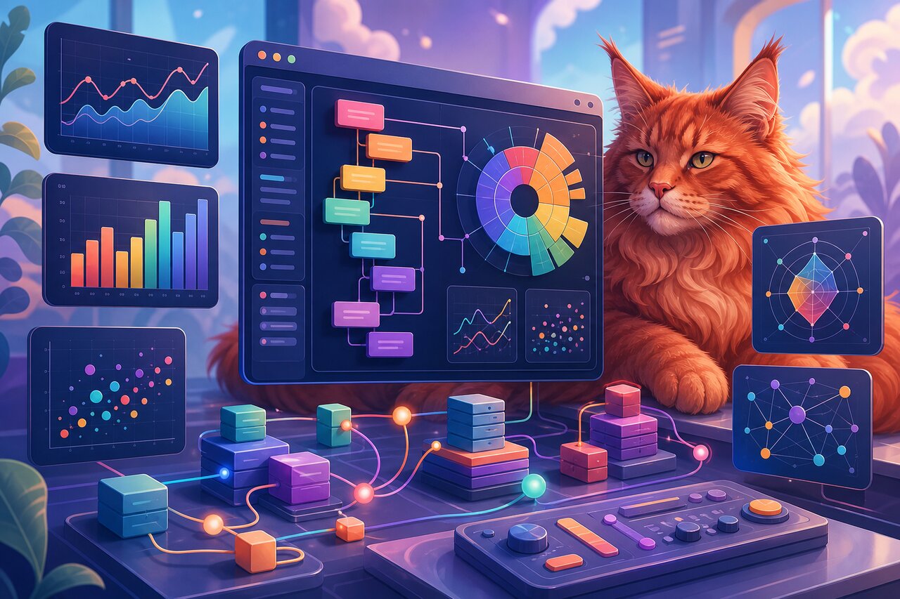 Monitors full of colorful charts with a large red Maine Coon cat resting nearby