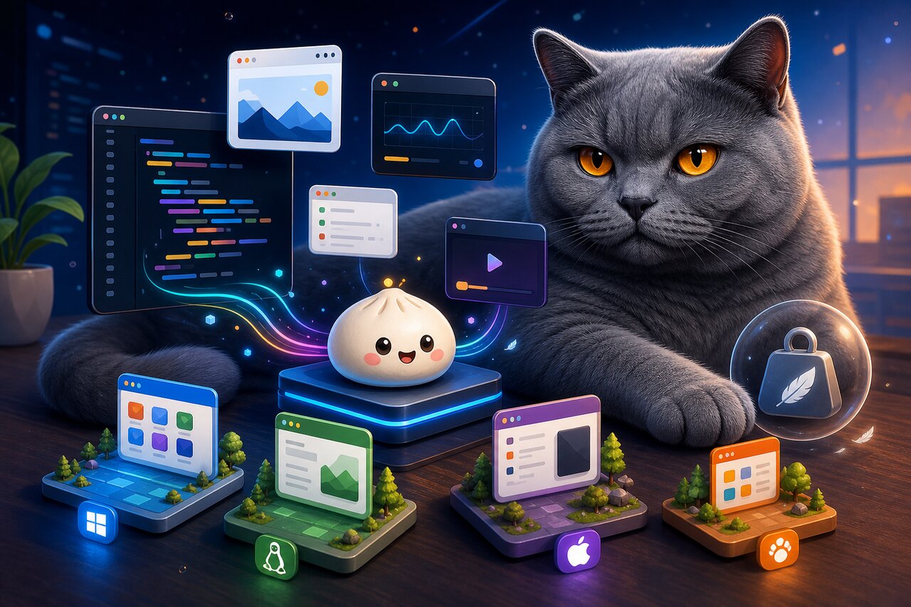 A compact desktop app on a monitor at a night desk, with a gray-blue British shorthair cat watching nearby.