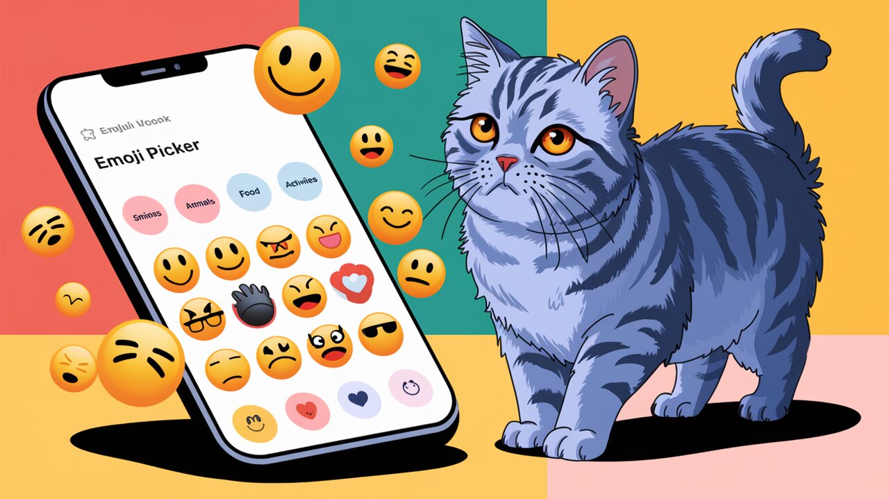 Interweave Emoji Picker interface on a smartphone with floating emojis